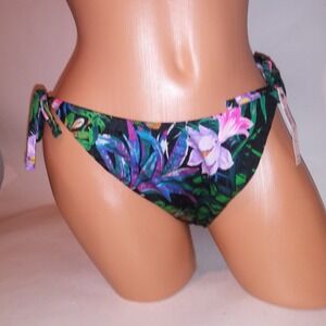 Victoria Secret Swim Bikini Bottom XL Cheeky Black Tropical Floral Side Tie New
